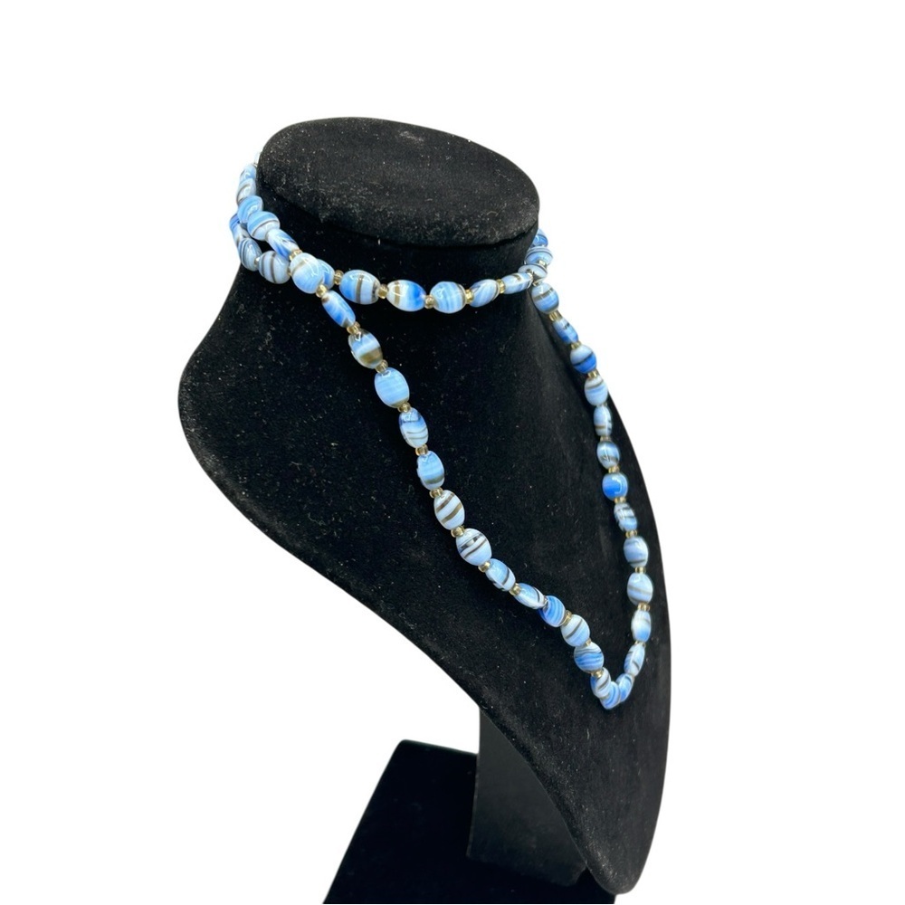 Handmade Blue White Swirl Glass Bead Necklace Artisan Boho Statement - Picture 3 of 10